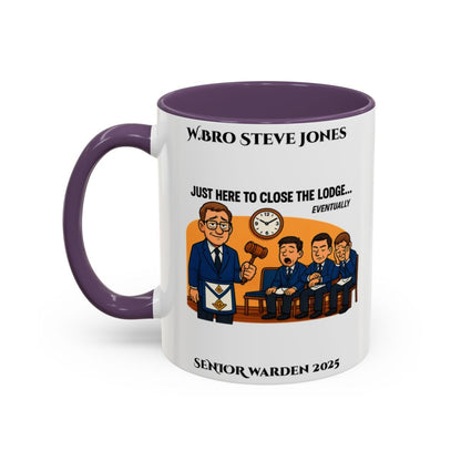 Premium Personalised Freemason Colour Rim Mug - Senior Warden Design - Here to close the lodge eventually - Masonic Mugs