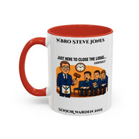 Premium Personalised Freemason Colour Rim Mug - Senior Warden Design - Here to close the lodge eventually - Masonic Mugs