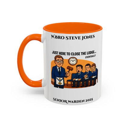 Premium Personalised Freemason Colour Rim Mug - Senior Warden Design - Here to close the lodge eventually - Masonic Mugs