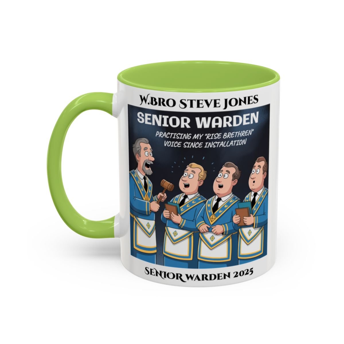 Premium Personalised Freemason Colour Rim Mug - Senior Warden Design - Practising my rise brethren voice - Masonic Mugs