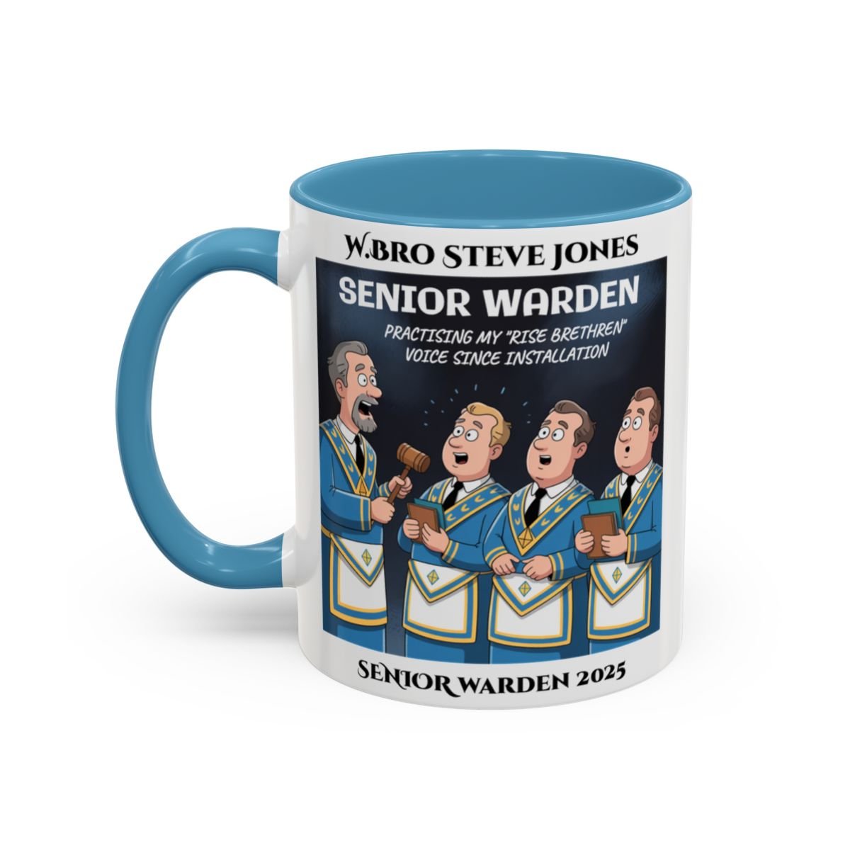 Premium Personalised Freemason Colour Rim Mug - Senior Warden Design - Practising my rise brethren voice - Masonic Mugs
