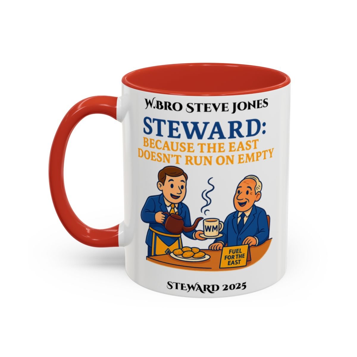 Premium Personalised Freemason Colour Rim Mug - Steward Design - Because the East Doesn't run on empty - Masonic Mugs