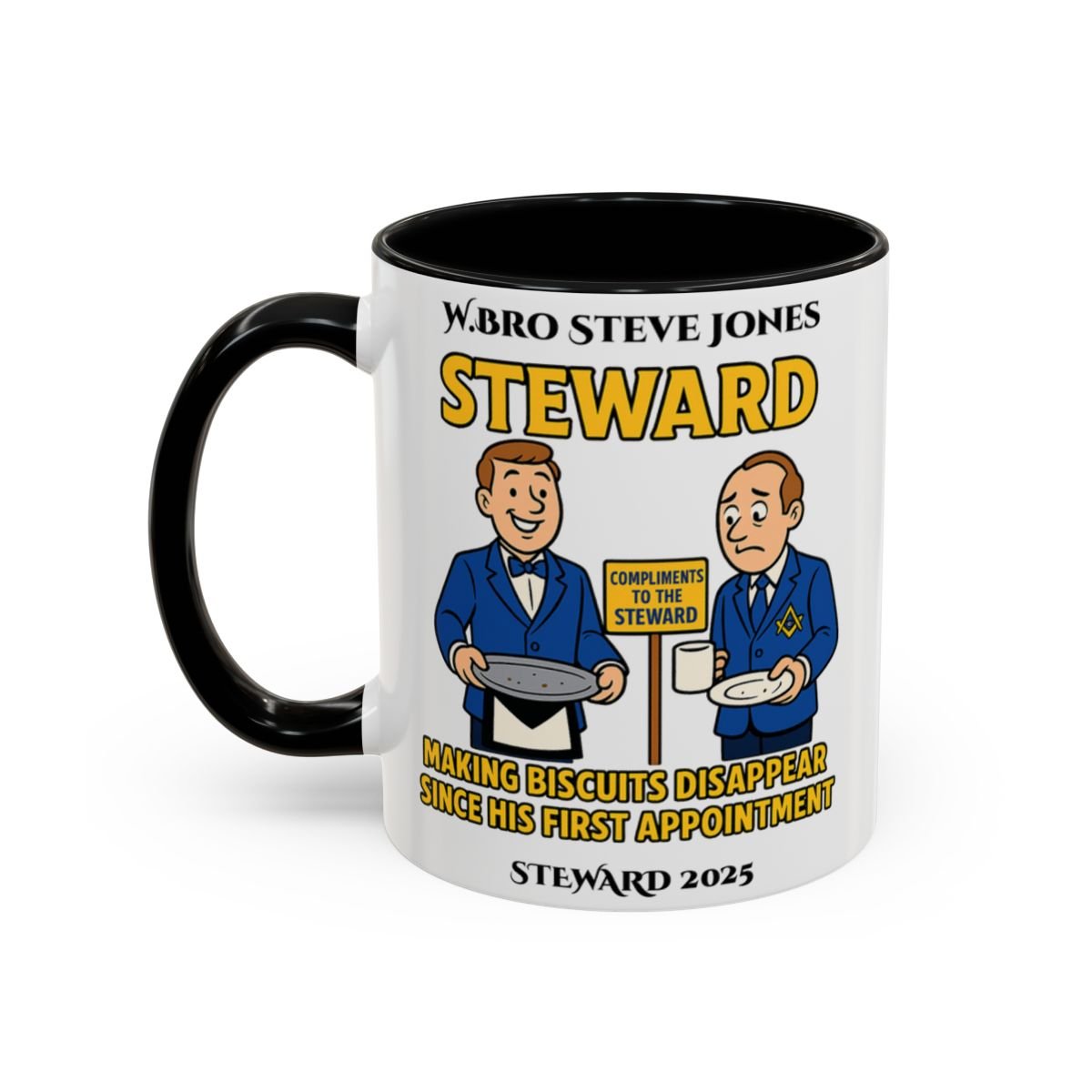 Premium Personalised Freemason Colour Rim Mug - Steward Design - Making Biscuits disappear - Masonic Mugs