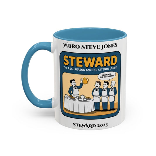 Premium Personalised Freemason Colour Rim Mug - Steward Design - the real reason anyone attends lodge - Masonic Mugs
