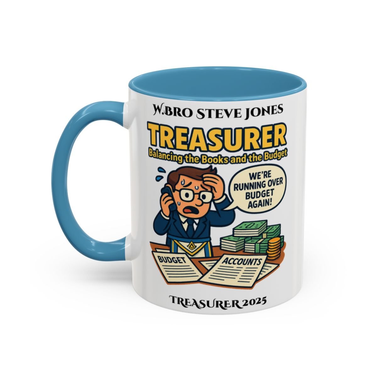 Premium Personalised Freemason Colour Rim Mug - Treasurer Design - Balancing the books - Masonic Mugs
