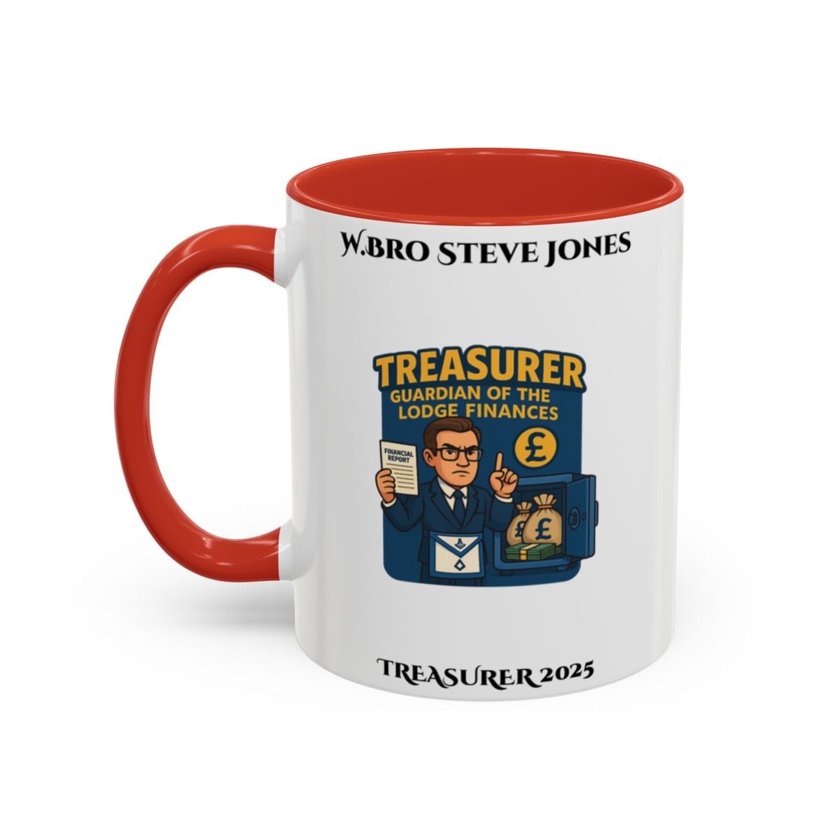 Premium Personalised Freemason Colour Rim Mug - Treasurer Design - Guardian of the lodge finances - Masonic Mugs