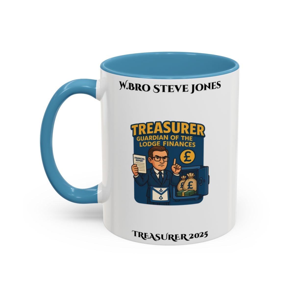 Premium Personalised Freemason Colour Rim Mug - Treasurer Design - Guardian of the lodge finances - Masonic Mugs
