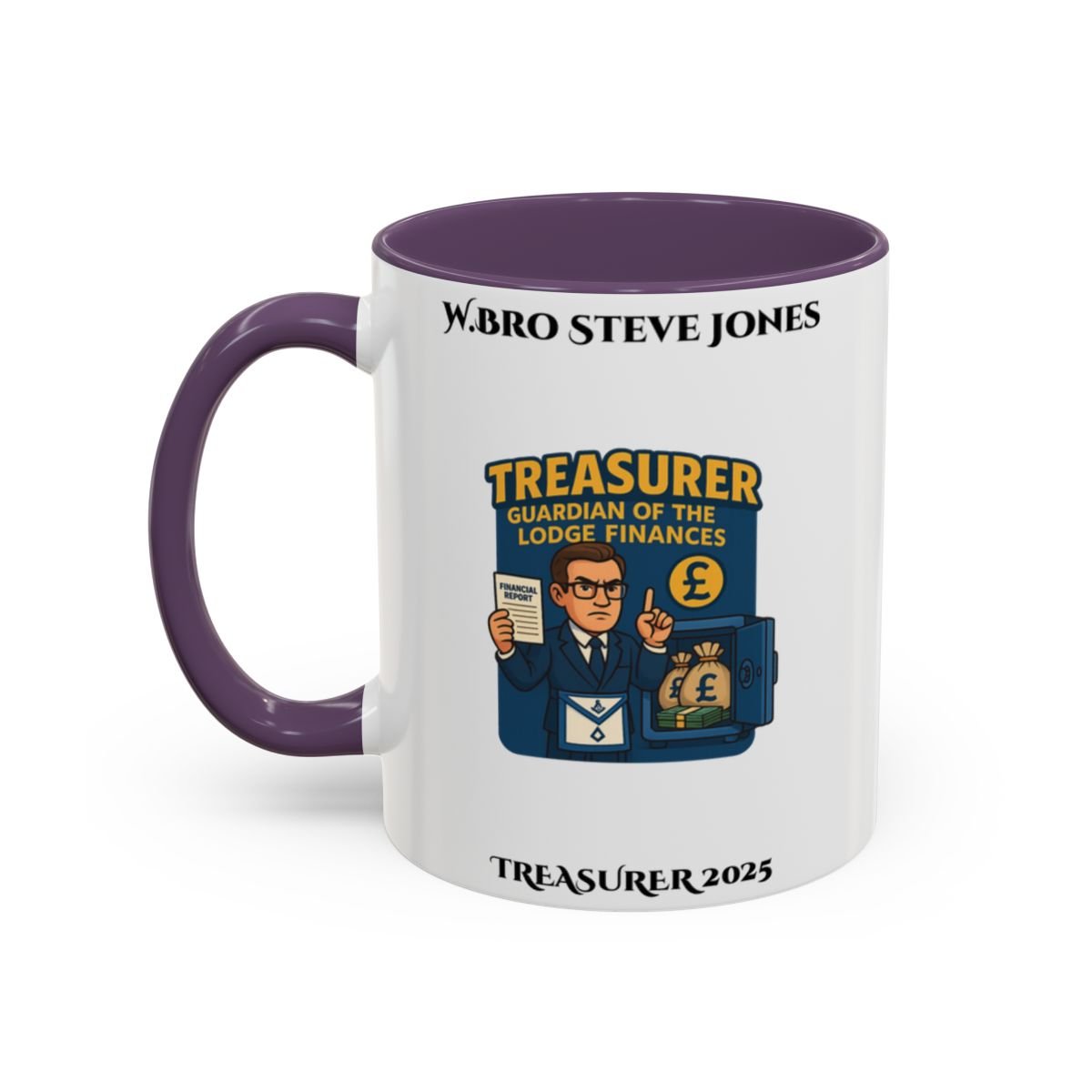 Premium Personalised Freemason Colour Rim Mug - Treasurer Design - Guardian of the lodge finances - Masonic Mugs