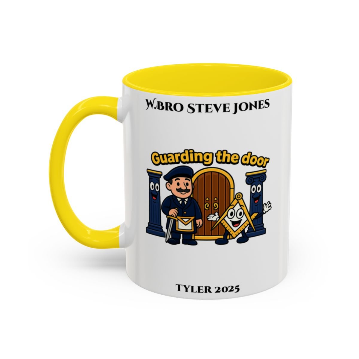 Premium Personalised Freemason Colour Rim Mug - Tyler Design - Guarding the door - Masonic Mugs