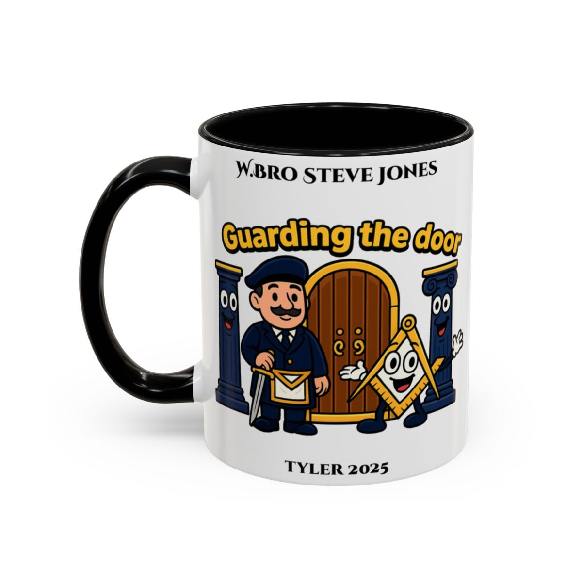 Premium Personalised Freemason Colour Rim Mug - Tyler Design - Guarding the door - Masonic Mugs
