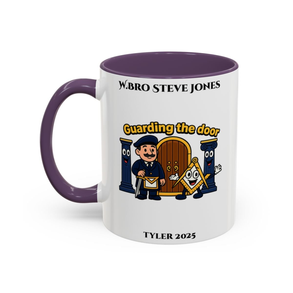 Premium Personalised Freemason Colour Rim Mug - Tyler Design - Guarding the door - Masonic Mugs