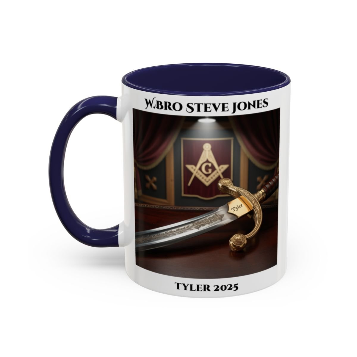 Premium Personalised Freemason Colour Rim Mug - Tyler Design - Sword - Masonic Mugs