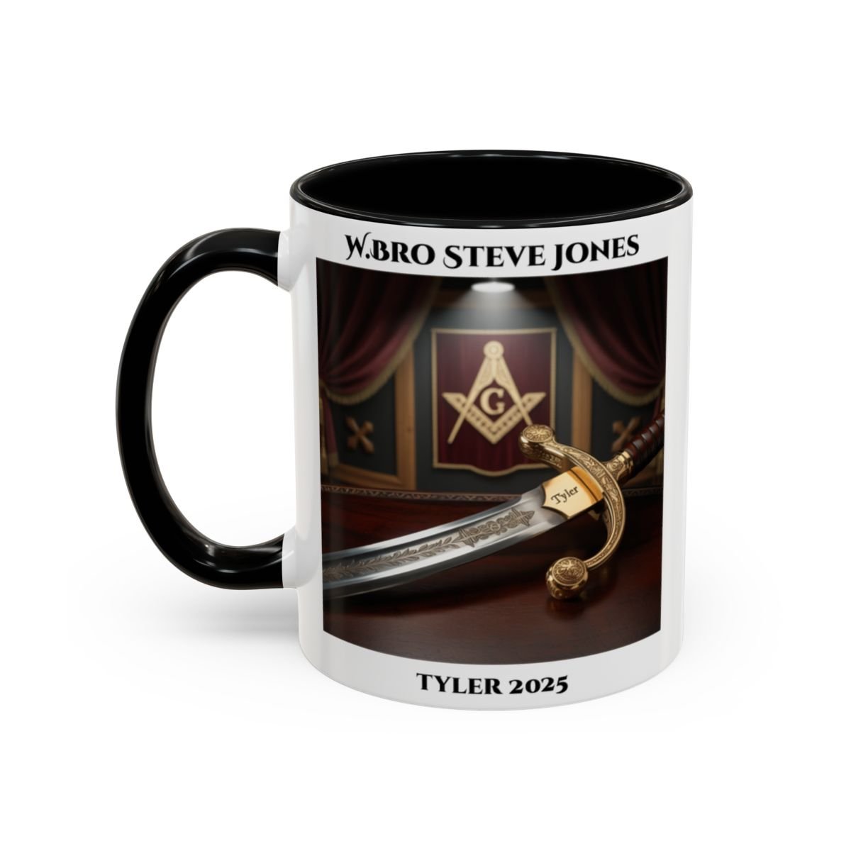 Premium Personalised Freemason Colour Rim Mug - Tyler Design - Sword - Masonic Mugs