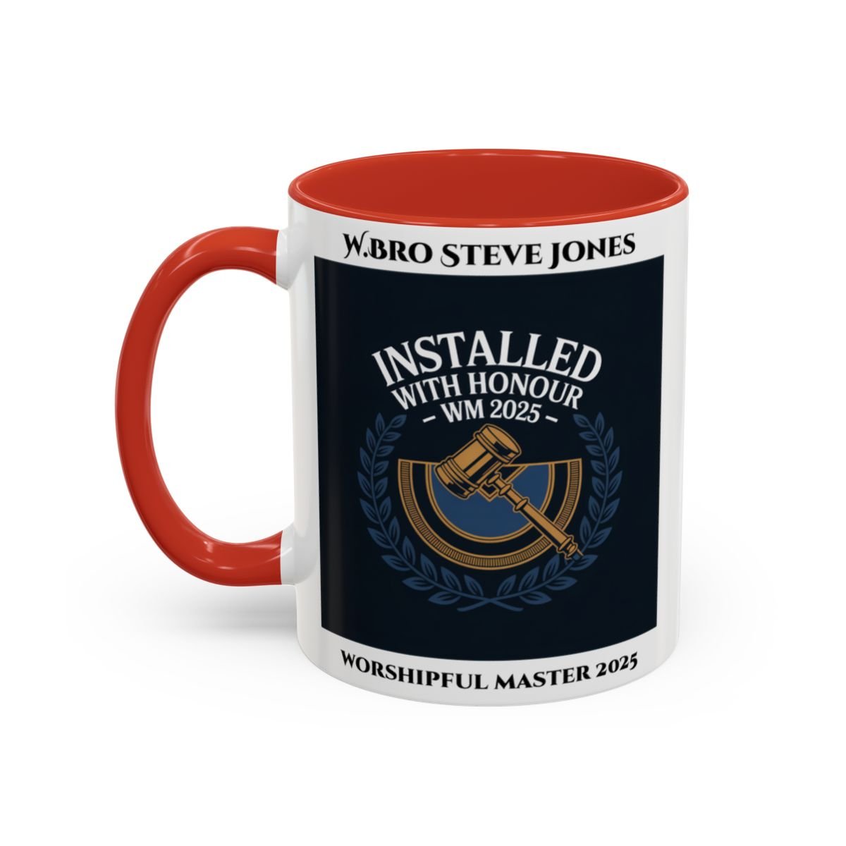 Premium Personalised Freemason Colour Rim Mug - Worshipful Master Design - Installed with Honour - Masonic Mugs