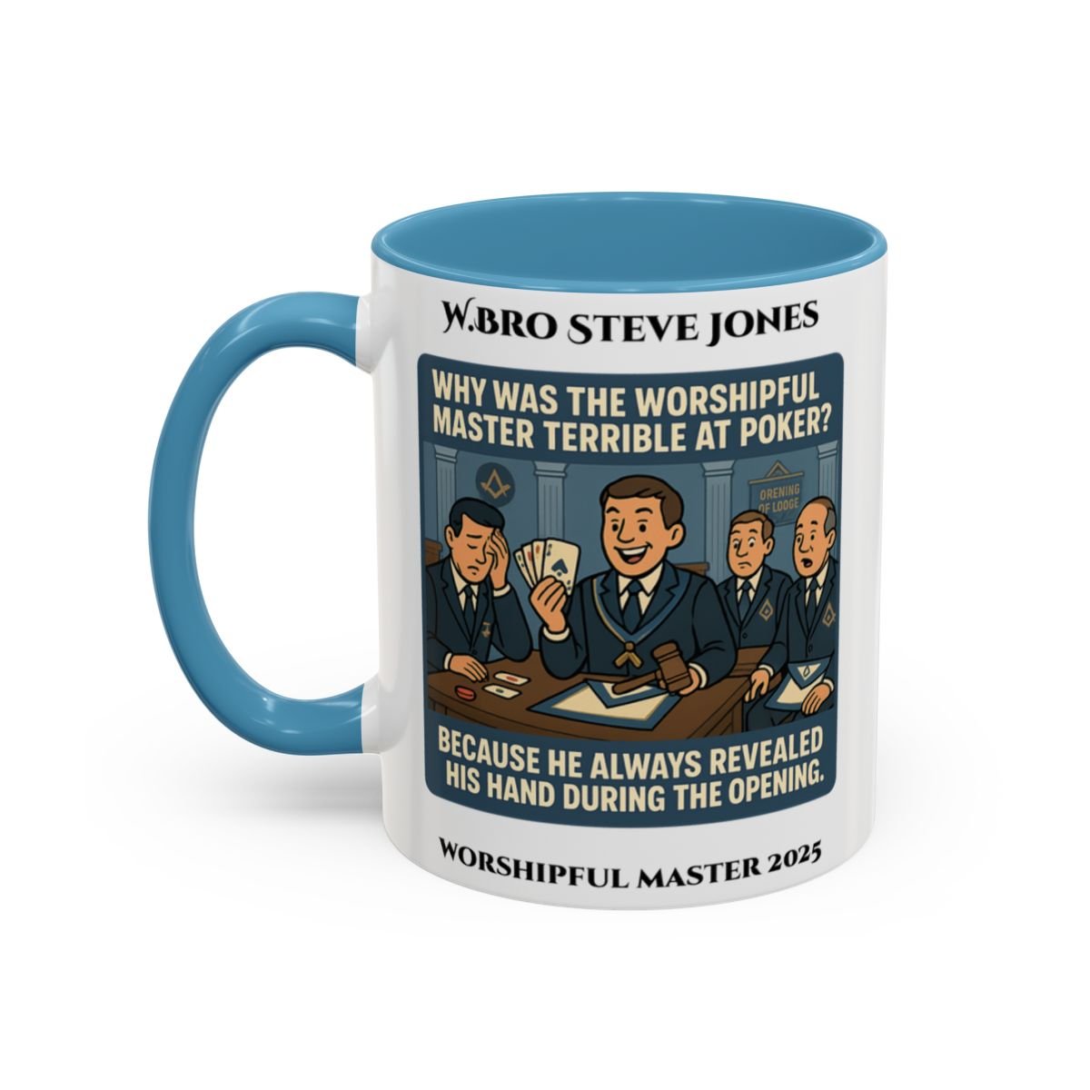 Premium Personalised Freemason Colour Rim Mug - Worshipful Master Design - terrible at poker - Masonic Mugs