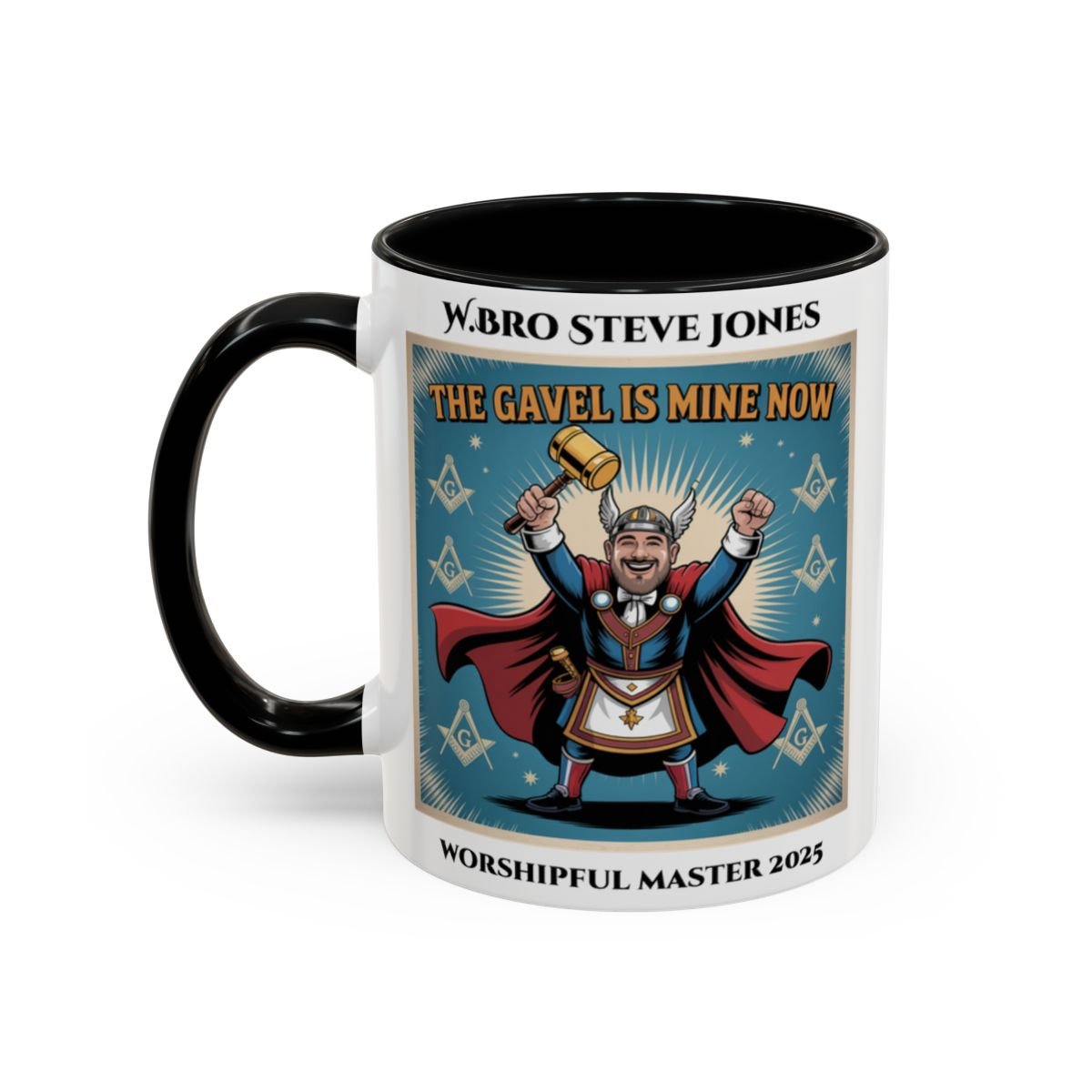 Premium Personalised Freemason Colour Rim Mug - Worshipful Master Design - The Gavel is Mine now - Masonic Mugs