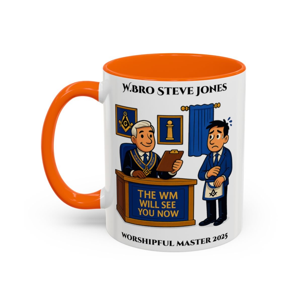 Premium Personalised Freemason Colour Rim Mug - Worshipful Master Design - The WM will see you now - Masonic Mugs