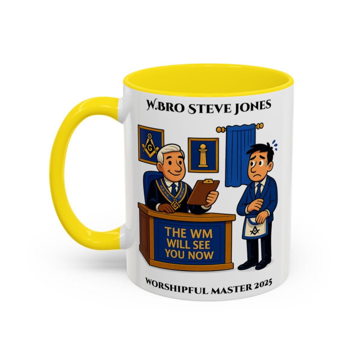 Premium Personalised Freemason Colour Rim Mug - Worshipful Master Design - The WM will see you now - Masonic Mugs