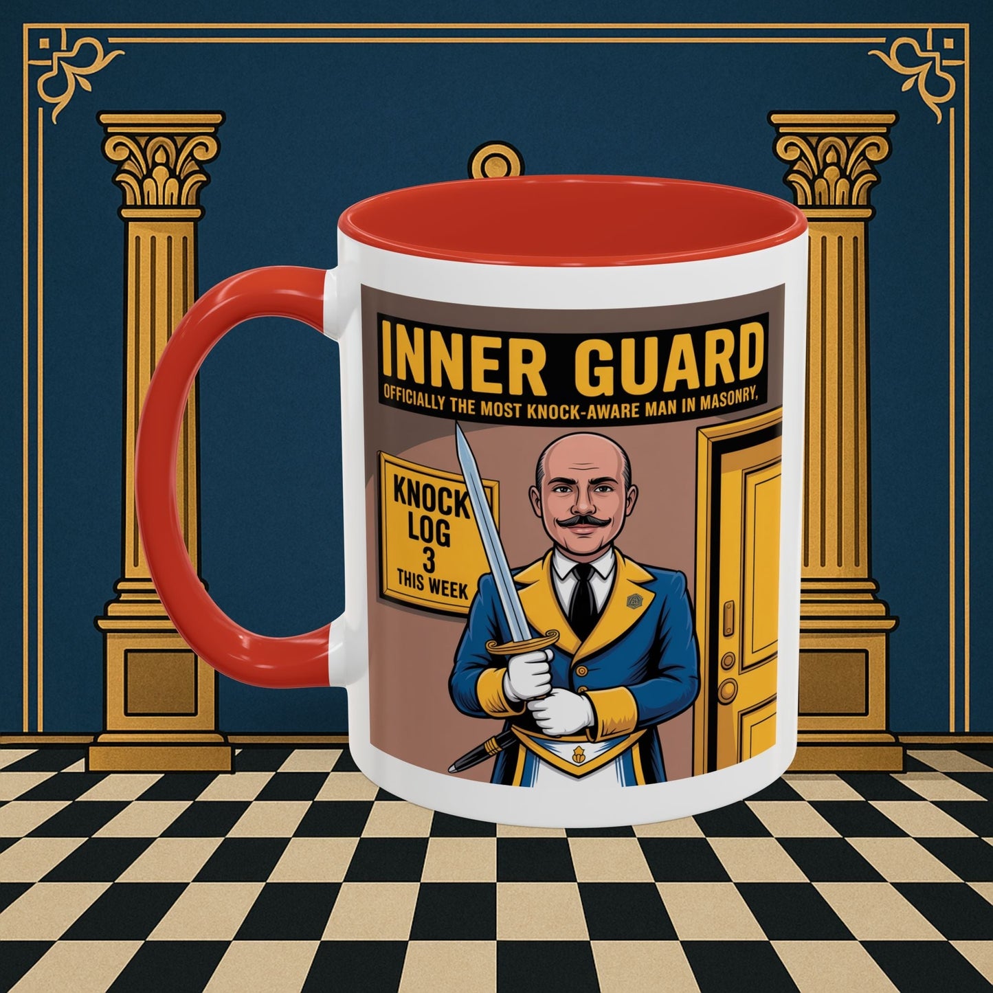 Premium Ready to Go Freemason Design | Accent Coloured 11oz Mug | The Knock Master | Inner Guard - Masonic Mugs