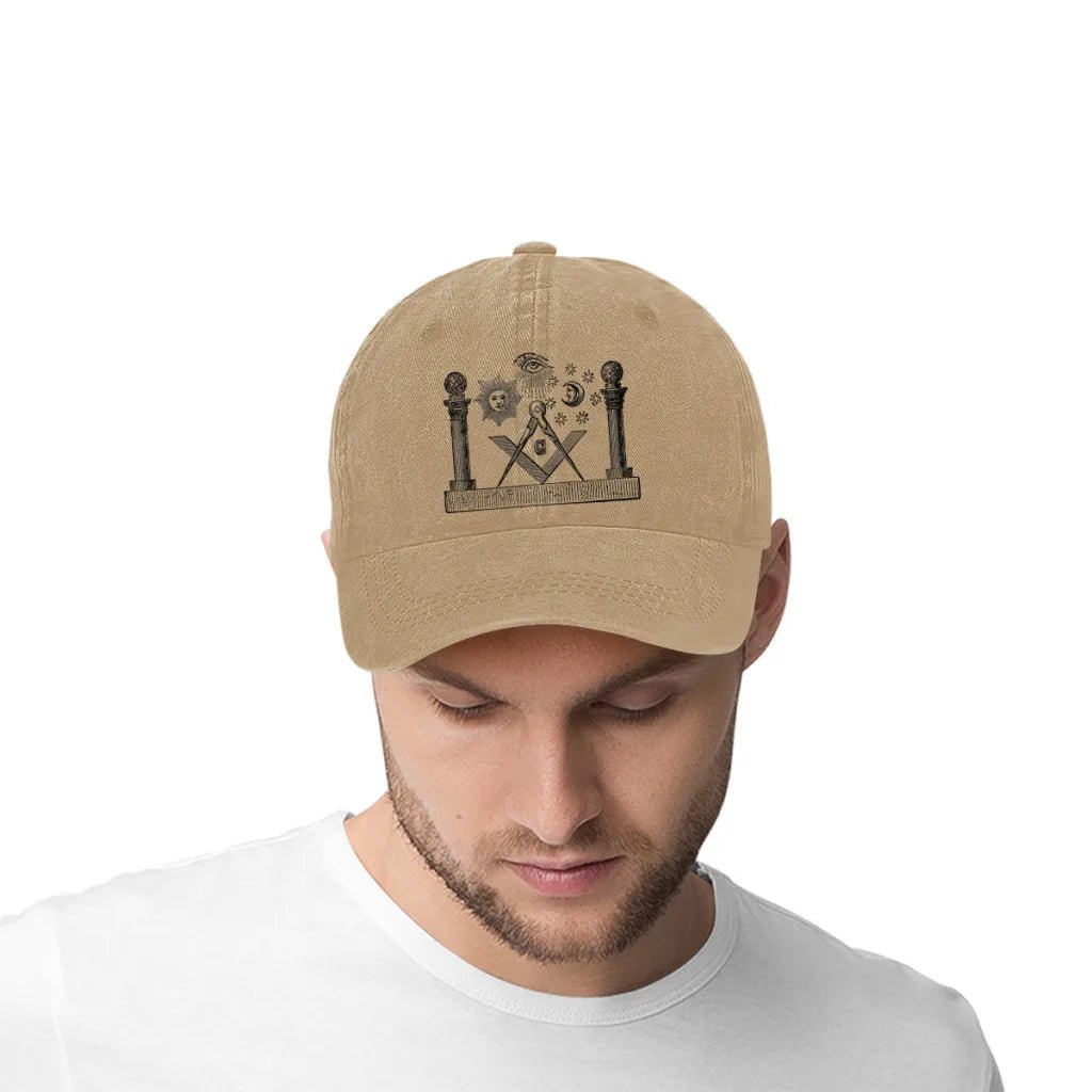 Washed Denim Freemason Baseball Cap – Unisex Snapback Trucker Dad Hat - Masonic Mugs
