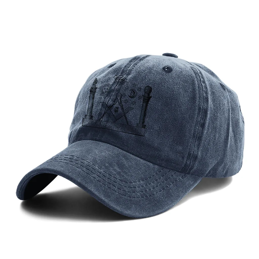 Washed Denim Freemason Baseball Cap – Unisex Snapback Trucker Dad Hat - Masonic Mugs